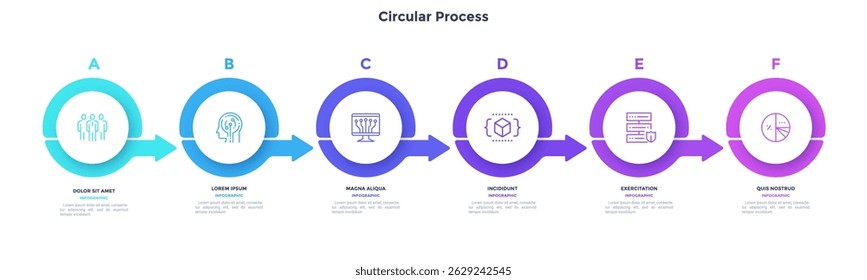 Six round elements placed in horizontal row and connected by arrows. Concept of 6 successive stages of business career development. Modern flat vector illustration for data analysis, presentation.