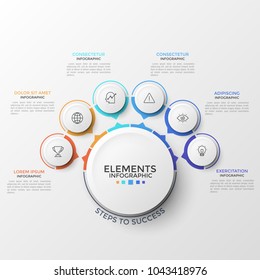 Six Round Elements With Thin Line Pictograms Inside And Arrows Pointing At Main Circle. Concept Of Circular Web Pop-up Menu With 6 Options. Modern Infographic Design Template. Vector Illustration.