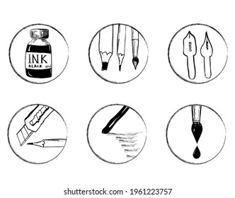 Six round icons with vector sketches of the art supplies for school, drawing, and inking.