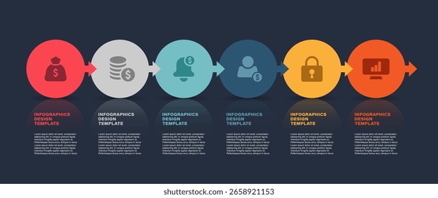 Six round infographic elements with business icons. Business and marketing infographic layout, annual report, timeline