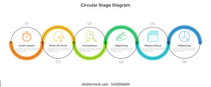 Six Round Links Connected Into Horizontal Chain. Concept Of 6 Stages Of Startup Development Plan Or Business Strategy. Linear Infographic Design Template. Modern Vector Illustration For Banner.