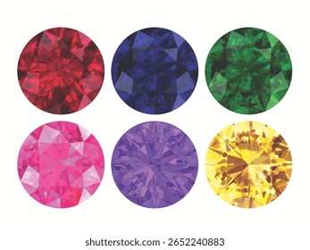 seis pedras preciosas redondas, cada uma renderizada com desenhos facetados intrincados e cores vibrantes. Pedras de ícone e diamantes em torno de corte brilhante 