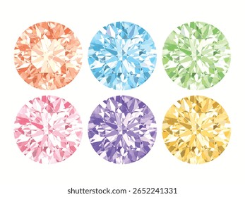 seis pedras preciosas redondas, cada uma renderizada com desenhos facetados intrincados e cores vibrantes. Pedras de ícone e diamantes em torno de corte brilhante 