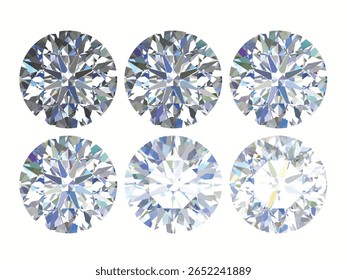 seis pedras preciosas redondas, cada uma renderizada com desenhos facetados intrincados e cores vibrantes. Pedras de ícone e diamantes em torno de corte brilhante 