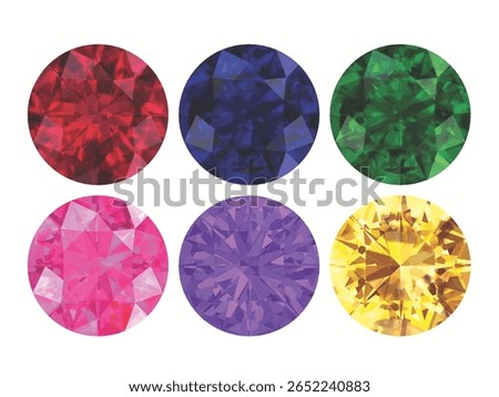 six round-cut gemstones, each rendered with intricate faceted designs and vibrant colors. Icon gemstones and diamonds round brilliant cut 