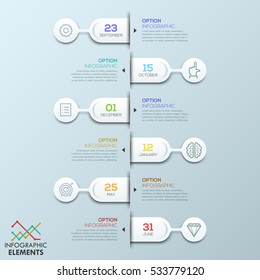 Six rounded elements connected with text boxes and pictograms, infographic design template. Effective daily planning, appointment reminder concept. Vector illustration for website, presentation, blog.