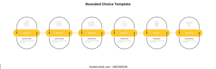 Seis elementos redondeados colocados en fila horizontal y conectados por línea. Concepto de 6 etapas sucesivas del progreso empresarial. Plantilla de diseño de infografía plana. Simple ilustración vectorial para banner.
