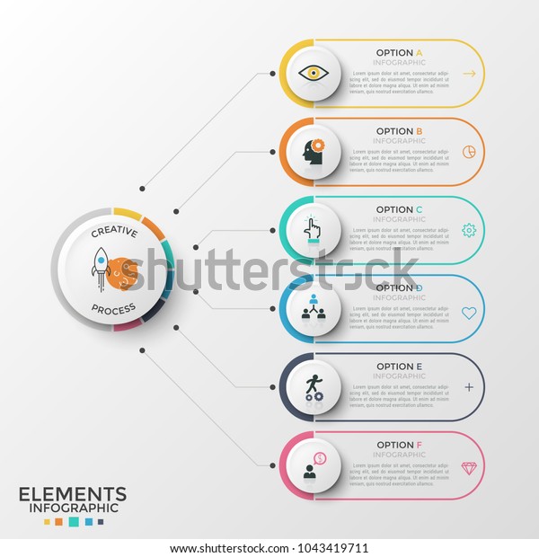 Six rounded elements with thin line icons
and place for text inside connected to paper white circle. Concept
of 6 features of business development. Infographic design template.
Vector illustration.