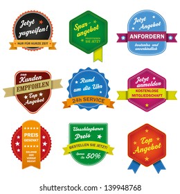 Six sale labels with german text Top Angebot, Jetzt Anmelden, Kostenlose Mitgliedschaft - translate Best Offer, Register Now and Free Membership.