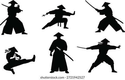 Seis guerreros samurái en dinámicas poses de combate con espadas