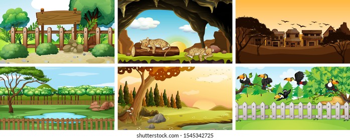 Six scenes with animals in park illustration