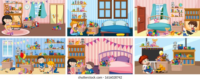Six scenes with children doing activities in different rooms illustration