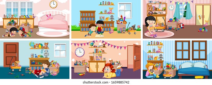 Six scenes with children doing activities in different rooms illustration