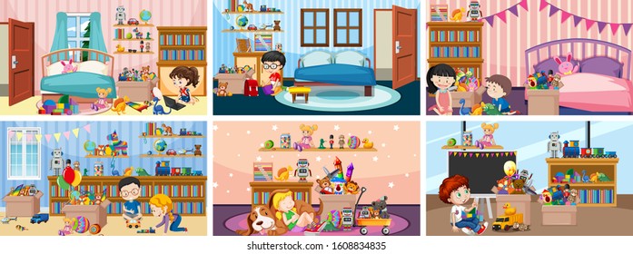 Ilustración de seis escenas con niños jugando en salas diferentes