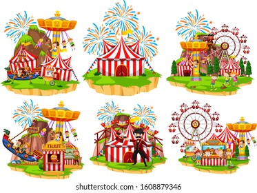 Six scenes of circus with people and rides illustration