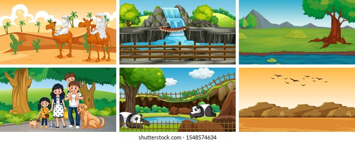 Six scenes with people and animals illustration