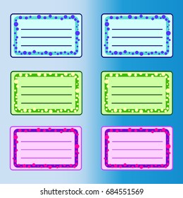 six school labels blue pink green on a blue background