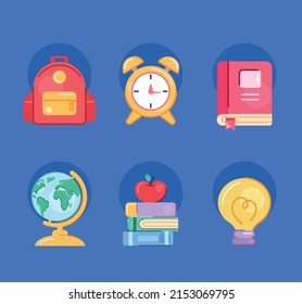 six school supplies set icons