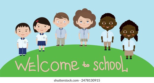 six schoolchildren Afarirkan Europeans Asians are standing on a green lawn where it says welcome to school vector postcard poster design