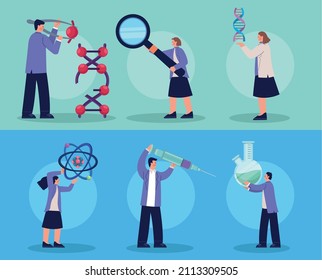 six scientist with laboratory set icons