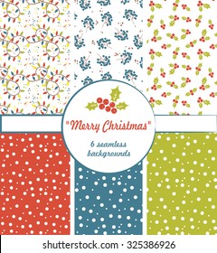 Six seamless backgrounds on a Christmas theme with a garland, mistletoe, blueberries and snow. Vector illustration.