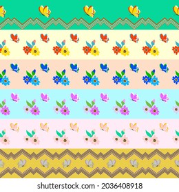 Six seamless multicolor patterns of borders with small tropical flowers, butterflies, ornaments. Collection for fashion design, decorating wishes, scrapbooking, greeting cards and more. Vector.