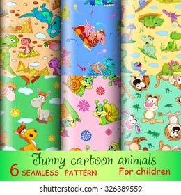 Six seamless pattern with funny cartoon animals. You can use a texture for textile printing, packaging and gift paper, and also in their design work.