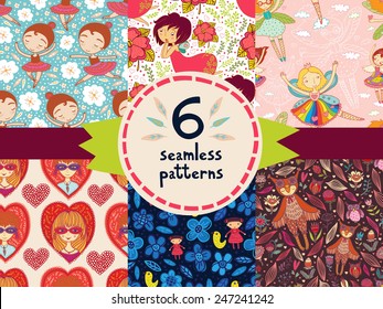 Six seamless patterns with cute girls.