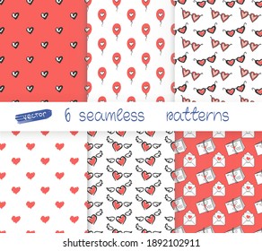 Six seamless patterns. Romantic pink background for Valentine's Day or wedding. Infinite texture for wallpaper, web page, wrapping paper, postcards. Vector.