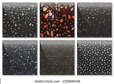 Six seamless terrazzo colorful patterns. Unique repeating pattern of dark background. Granite textured shapes with gloss. Vector illustration.