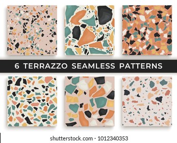 Six seamless terrazzo patterns. Hand crafted and unique patterns repeating background. Granite textured shapes in vibrant colors