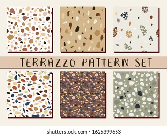 Six seamless terrazzo patterns, vector. Unique patterns repeat the background. Granite textured shapes in soft colors. Collection of mosaic geometric textures. Illustration for flooring, textile. 