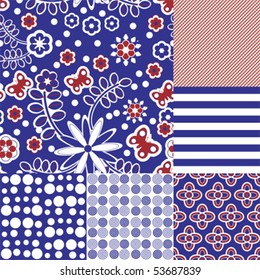 Six seamless tilable repeat patterns in blue, red and white