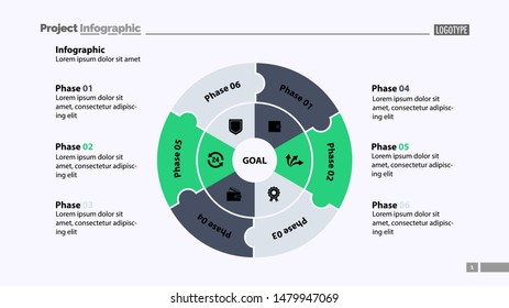 Six sectors process chart slide template. Business data. Structure, circle, design. Creative concept for infographic, presentation, report. Can be used for topics like marketing, recruitment