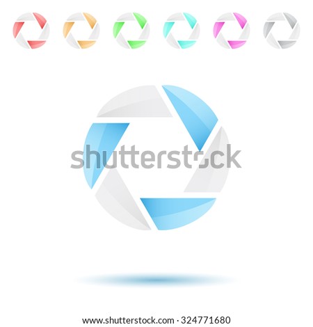 Six segmented glassy circle with color variations, abstract sign, 3d vector on white background, eps 10