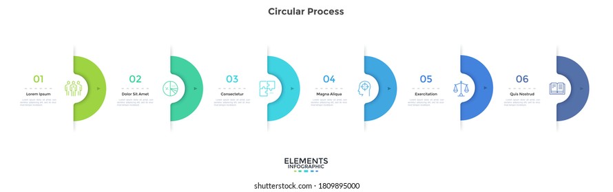 Six semi-circular elements placed in horizontal row. Concept of 6 successive stages of project development process. Modern infographic design template. Simple vector illustration for progress bar.