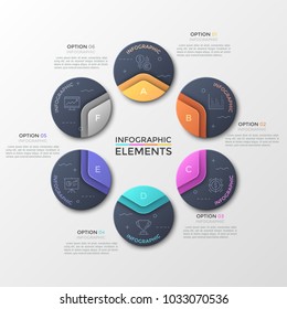 Six separate black round elements with thin line icons and letters inside, text boxes. Concept of 6 features of financial gain achievement process. Infographic design template. Vector illustration.