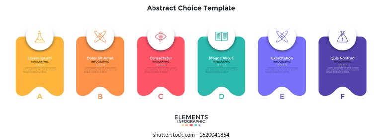 Six separate colorful abstract rectangular elements placed in horizontal row. Concept of 6 service features to select. Flat infographic design template. Simple vector illustration for website menu.