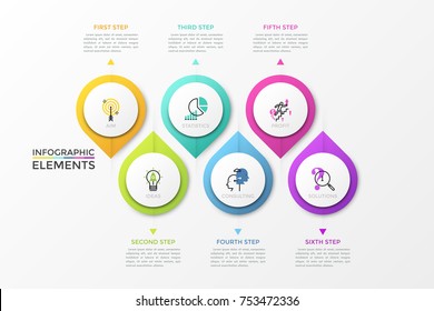 Six separate colorful pointed circular elements with thin line symbols inside and arrows pointing at text boxes. Creative infographic design template. Vector illustration for presentation, website.