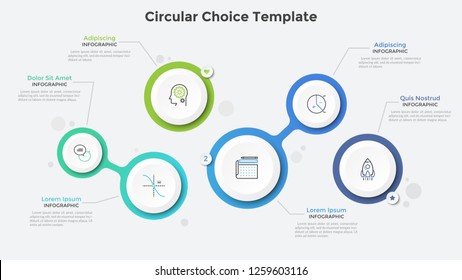 Six separate and connected paper white circles or bubbles. Realistic infographic design template. Creative vector illustration for business presentation, flowchart or diagram, website interface.