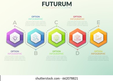 Six separate hexagonal elements placed in horizontal row and text boxes near them. Successive steps of project development concept. Futuristic infographic design template. Vector illustration.