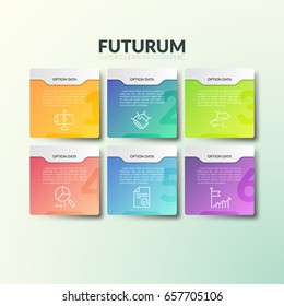 Seis elementos retangulares multicoloridos separados com números, ícones de linha fina e lugar para texto. Conceito de 6 opções de negócios para escolher. Modelo de design infográfico futurista. Ilustração vetorial.