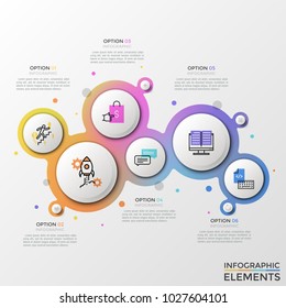 Six separate paper white elements with thin line pictograms inside surrounded by gradient colored frame and text boxes. Creative infographic design template. Vector illustration for presentation.