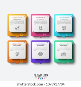 Six separate rectangular elements or cards with thin line icons and place for text inside. Concept of 6 features of services provided by company. Infographic design template. Vector illustration.