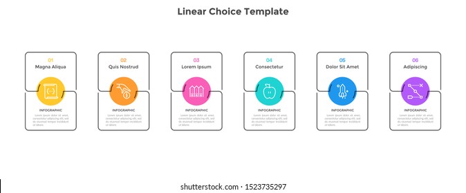 Six separate rectangular elements or cards placed in horizontal row. Concept of 6 business options to choose. Linear infographic design template. Simple vector illustration for presentation.