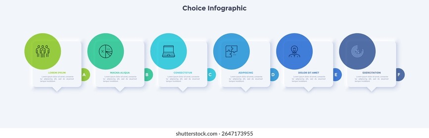 Six separate rectangular speech bubbles or balloons with thin line pictograms and place for text inside. Concept of 6 quotes or phrases. Creative infographic design template. Vector illustration.