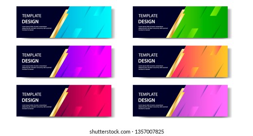 Six set abstract vibrant gradient and modern futuristic background design template collection for horizontal business banner in blue, orange, red, green, purple, black and golden boarder color. 