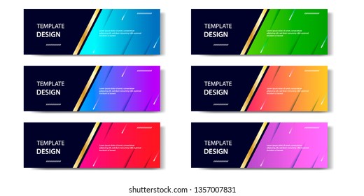 Six set abstract vibrant gradient and modern futuristic background design template collection for horizontal business banner in blue, orange, red, green, purple, black and golden boarder color. 