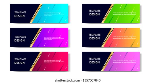 Six set abstract vibrant gradient and modern futuristic background design template collection for horizontal business banner in blue, orange, red, green, purple, black and golden boarder color. 