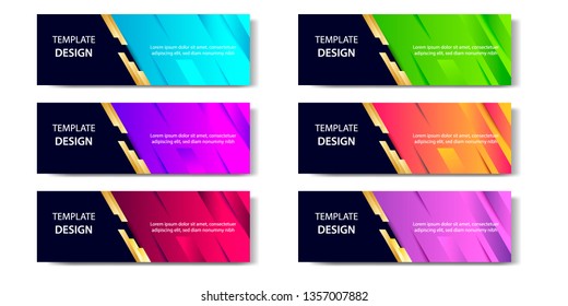 Six set abstract vibrant gradient and modern futuristic background design template collection for horizontal business banner in blue, orange, red, green, purple, black and golden boarder color. 